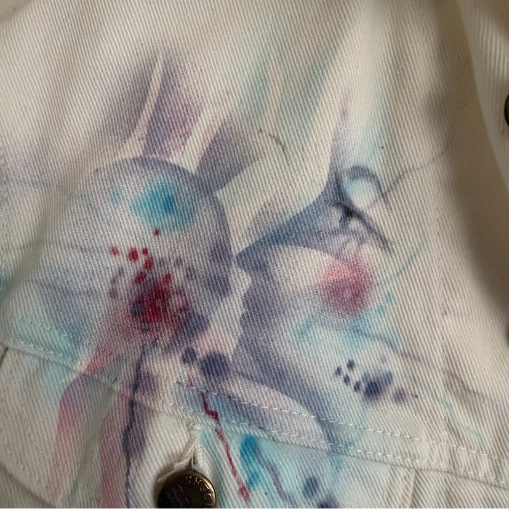 Vintage Lee Riders Hand Painted Denim Jacket White Artsy Boho Watercolor OOAK - Picture 4 of 12